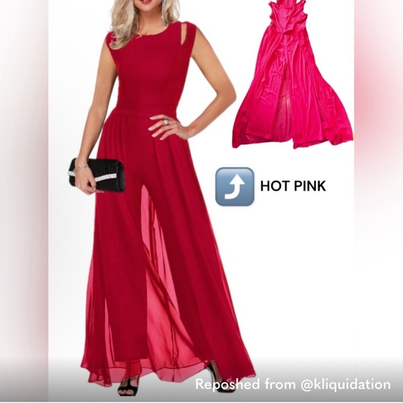 XL NEW WOT Womens Sexy One Piece Jumpsuit Round Neck Chiffon Overlay Loose Jump - Picture 1 of 4